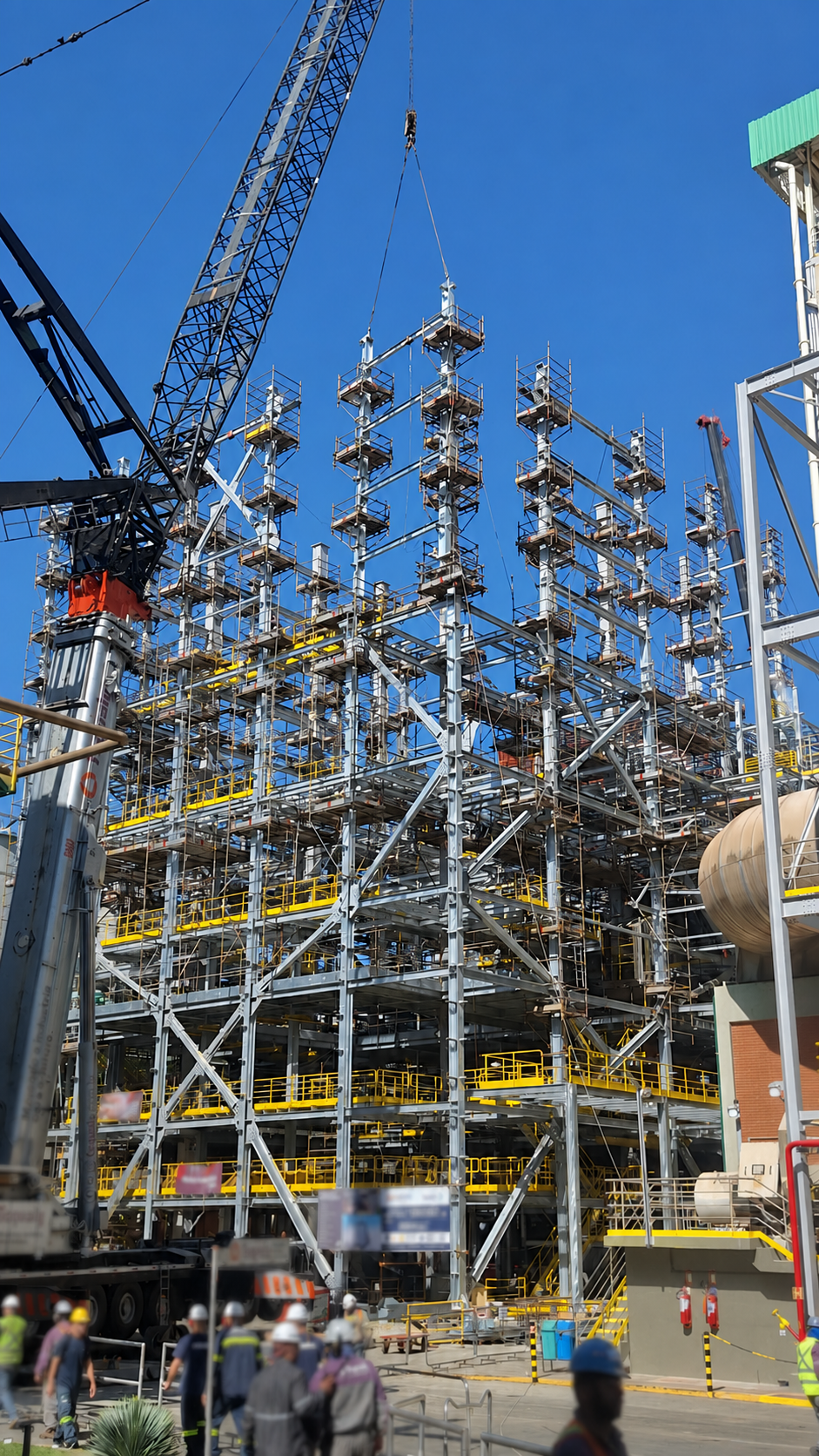 Montagem de andaimes em estrutura metálica industrial de grande porte